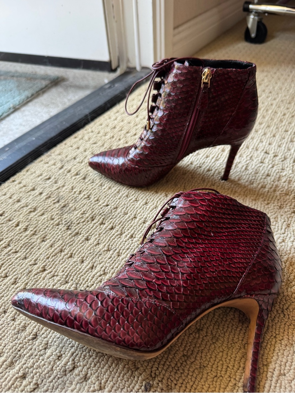 Alexandre Birman Mally Python Lace-Up Point-Toe Booties 37.5 View 3